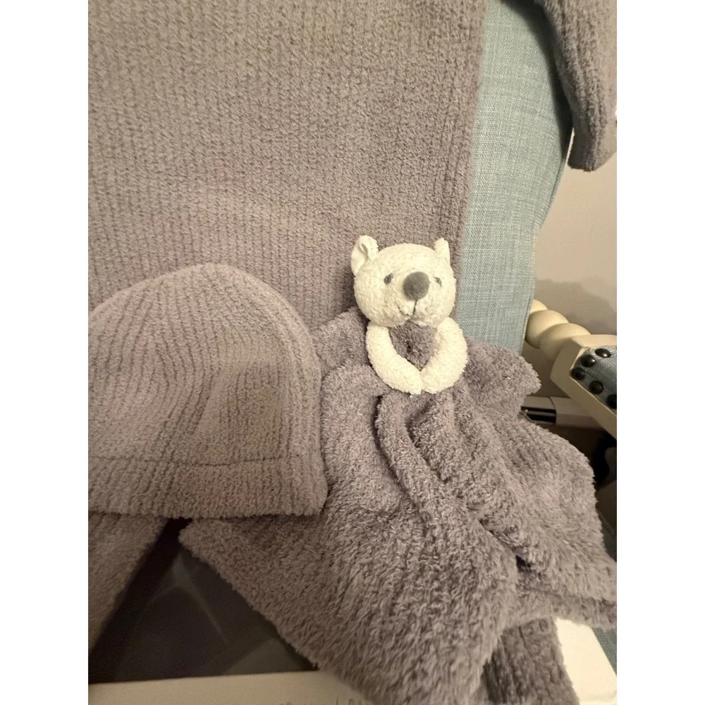 Barefoot Dreams Baby 12-18M CozyChic Jumpsuit Beanie Bear Buddy Set Dove Gray